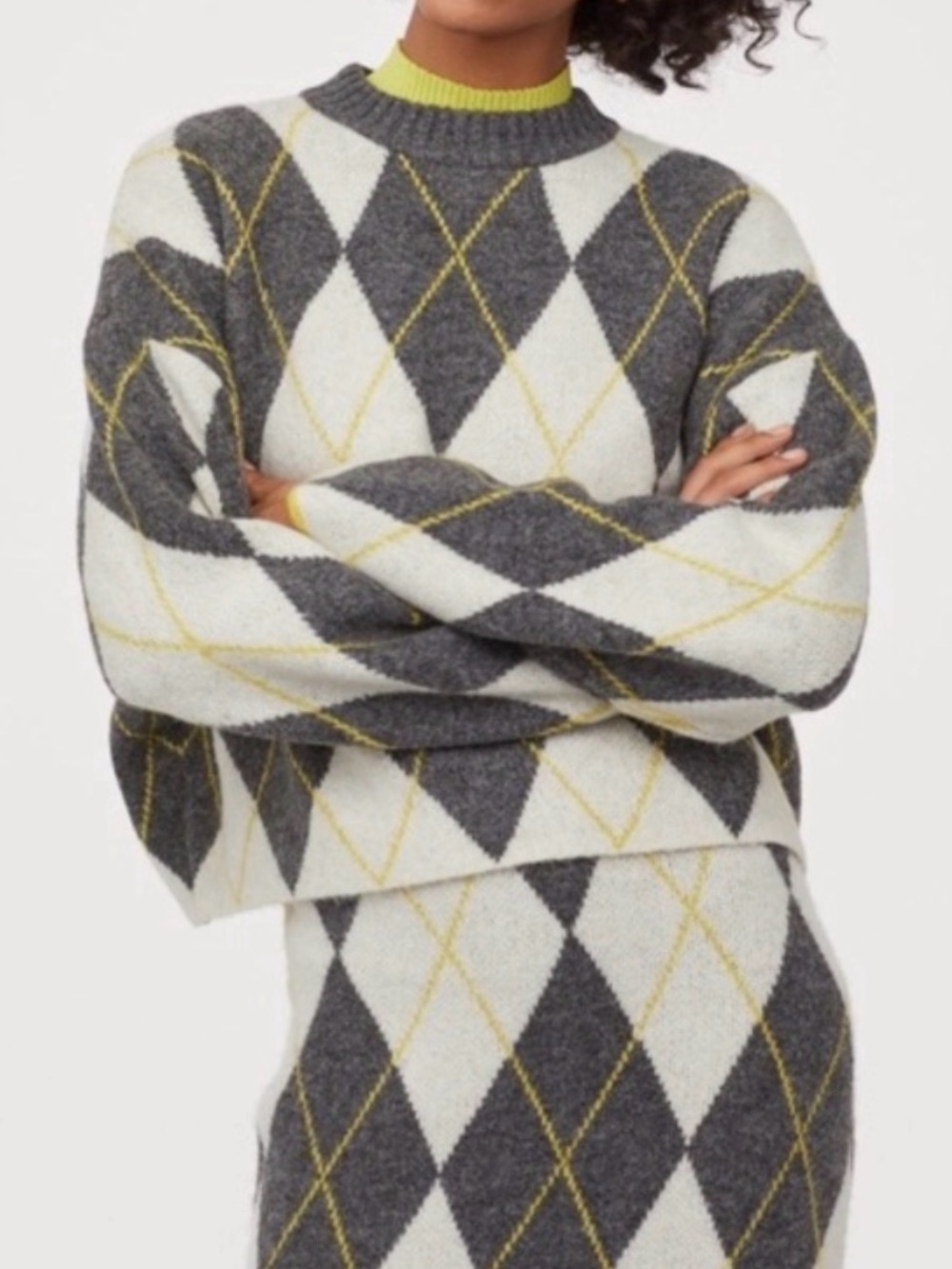 Pringle of Scotland x H&M Oversized Grey Yellow Argyle Sweater Women's Size XS